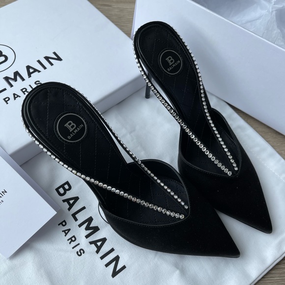 Balmain Crystal-embellished Satin Mules In Black - Picture 2 of 6